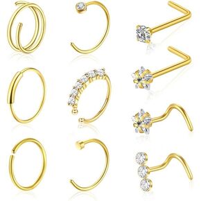 10 pcs Gold Nose Hoop Surgical Steel Nose Rings for Women Men 20G Nose Piercing Jewelry Gold Nose Ring Gold Nose Studs Gold Nose Piercing Hypoallergenic Nose Rings Hoops 10Pcs