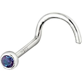 Solid 14K Gold Nose Screw Stud Bezel Set Alexandrite 22G Cork-screw Nose Stud - 14K White Gold / 14K Yellow Gold June Birthstone Nose Ring Stud