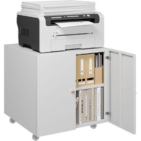 Under Desk Printer Stand with Wheels, Low Printer Stand Storage, Filing Cabinet with Paper Storage Shelf, File Carts with 2 Doors, Mobile Printer Holder for Home Office, School, White