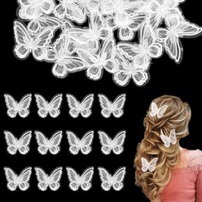 30PCS White Butterfly Lace Trim Double Layers Organza Decorative Patches Lace Fabric Embroidery Butterfly Patches Embroidered Appliques for DIY Crafts Wedding Bridal Headdress Hair Accessories
