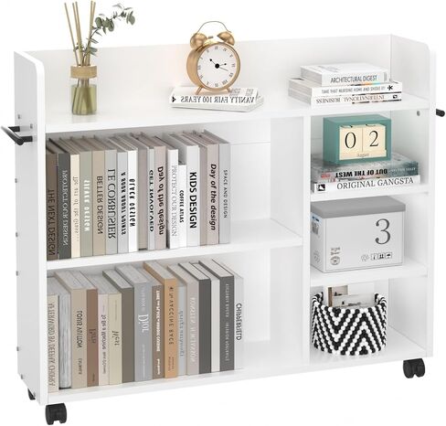 VECELO Book Cart, Wood Rolling Library Book Truck with Lockable Wheels and Adjustable Shelves, for Home Office, White in Saudi Arabia