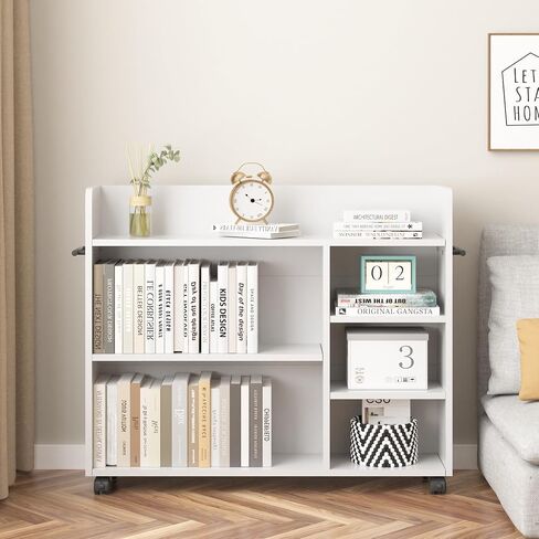 VECELO Book Cart, Wood Rolling Library Book Truck with Lockable Wheels and Adjustable Shelves, for Home Office, White in Saudi Arabia