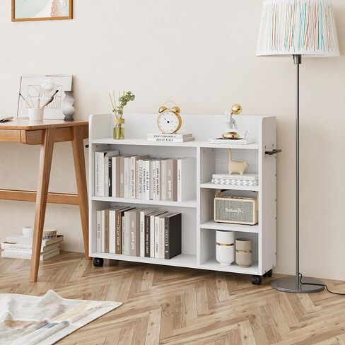 VECELO Book Cart, Wood Rolling Library Book Truck with Lockable Wheels and Adjustable Shelves, for Home Office, White in Saudi Arabia