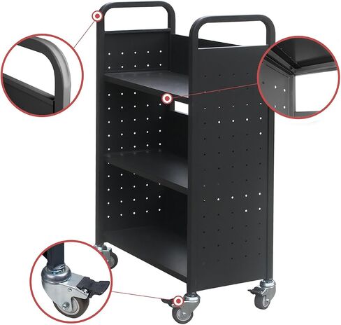 Library Book Cart, 3-Shelf Rolling Book Cart, Book Truck with Swivel Lockable Casters for Home Shelves Office and School Book Truck (Black) in Saudi Arabia