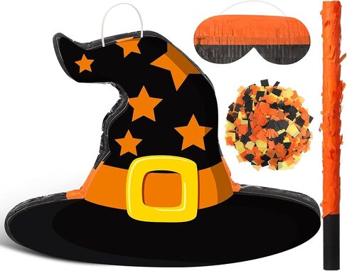 Aoriher Halloween Piñata قبعة الساحرة Piñata مع عصا وقصاصات معصوب العينين مجموعة حلوى Piñata المملوءة بالحلوى لمستلزمات ألعاب حفلات الهالوين in Saudi Arabia