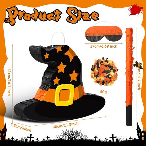 Aoriher Halloween Piñata قبعة الساحرة Piñata مع عصا وقصاصات معصوب العينين مجموعة حلوى Piñata المملوءة بالحلوى لمستلزمات ألعاب حفلات الهالوين in Saudi Arabia