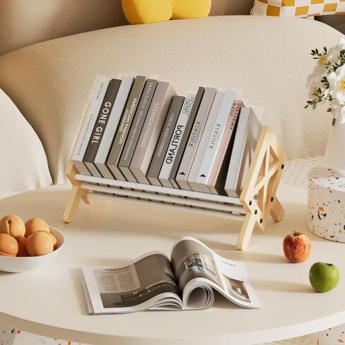 Desktop Bookshelf Organizer, Wood Office Tabletop Book Storage Rack, Tilting Bookcase for Books/CDs/Magazine Display (White) in Saudi Arabia