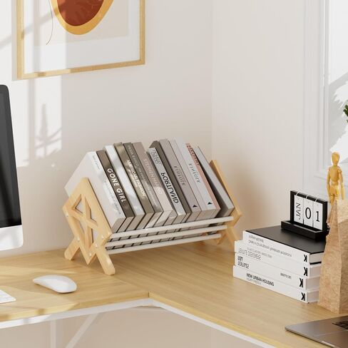 Desktop Bookshelf Organizer, Wood Office Tabletop Book Storage Rack, Tilting Bookcase for Books/CDs/Magazine Display (White) in Saudi Arabia