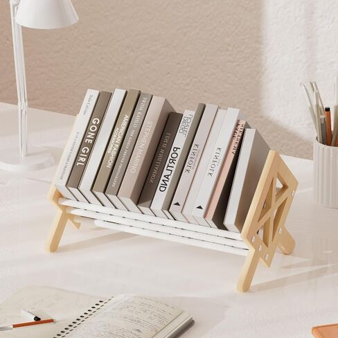 Desktop Bookshelf Organizer, Wood Office Tabletop Book Storage Rack, Tilting Bookcase for Books/CDs/Magazine Display (White) in Saudi Arabia