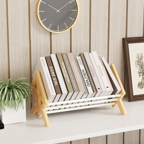 Desktop Bookshelf Organizer, Wood Office Tabletop Book Storage Rack, Tilting Bookcase for Books/CDs/Magazine Display (White) in Saudi Arabia