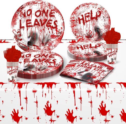 81Pcs Halloween Tableware and Decorations, 20 Guest - Halloween Plates, Party Cups, Napkins, Tablecloths, Plate, Knives, Forks, Halloween Party Supplies(Red) in Saudi Arabia
