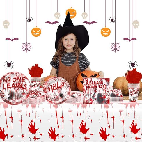 81Pcs Halloween Tableware and Decorations, 20 Guest - Halloween Plates, Party Cups, Napkins, Tablecloths, Plate, Knives, Forks, Halloween Party Supplies(Red) in Saudi Arabia