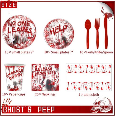 81Pcs Halloween Tableware and Decorations, 20 Guest - Halloween Plates, Party Cups, Napkins, Tablecloths, Plate, Knives, Forks, Halloween Party Supplies(Red) in Saudi Arabia