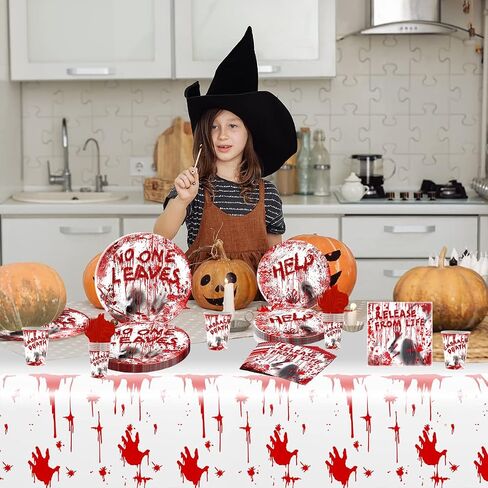 81Pcs Halloween Tableware and Decorations, 20 Guest - Halloween Plates, Party Cups, Napkins, Tablecloths, Plate, Knives, Forks, Halloween Party Supplies(Red) in Saudi Arabia
