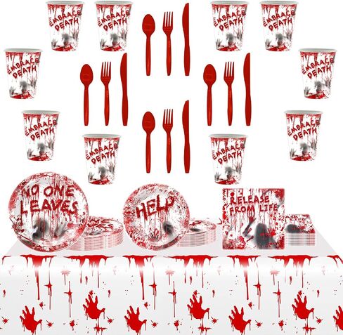 81Pcs Halloween Tableware and Decorations, 20 Guest - Halloween Plates, Party Cups, Napkins, Tablecloths, Plate, Knives, Forks, Halloween Party Supplies(Red) in Saudi Arabia