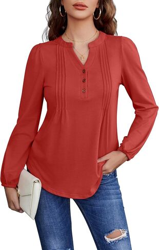Long Sleeve Shirts for Women Buttons V Neck Fall Blouses Fashion Casual Loose Fit Pleated Tunic Tops in Saudi Arabia