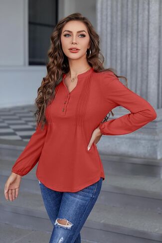 Long Sleeve Shirts for Women Buttons V Neck Fall Blouses Fashion Casual Loose Fit Pleated Tunic Tops in Saudi Arabia