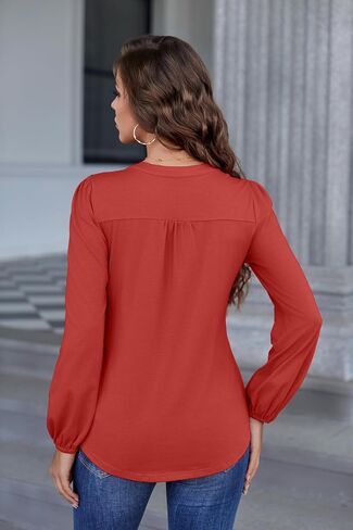 Long Sleeve Shirts for Women Buttons V Neck Fall Blouses Fashion Casual Loose Fit Pleated Tunic Tops in Saudi Arabia