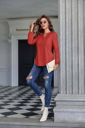 Long Sleeve Shirts for Women Buttons V Neck Fall Blouses Fashion Casual Loose Fit Pleated Tunic Tops in Saudi Arabia