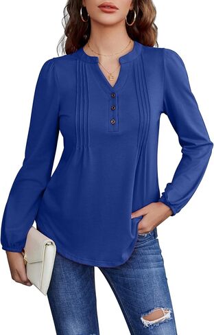 Long Sleeve Shirts for Women Buttons V Neck Fall Blouses Fashion Casual Loose Fit Pleated Tunic Tops in Saudi Arabia