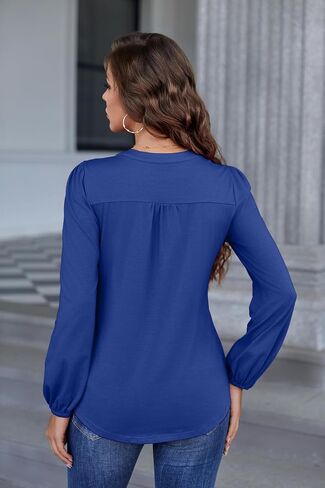 Long Sleeve Shirts for Women Buttons V Neck Fall Blouses Fashion Casual Loose Fit Pleated Tunic Tops in Saudi Arabia