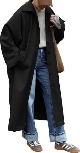 Tankaneo Womens Long Trench Coat Single Breasted Oversized Windproof Classic Lapel Fall Overcoat in Saudi Arabia