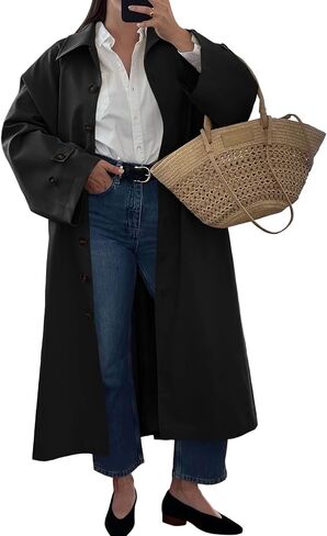 Tankaneo Womens Long Trench Coat Single Breasted Oversized Windproof Classic Lapel Fall Overcoat in Saudi Arabia