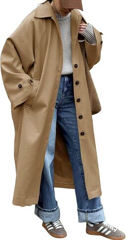 Tankaneo Womens Long Trench Coat Single Breasted Oversized Windproof Classic Lapel Fall Overcoat in Saudi Arabia