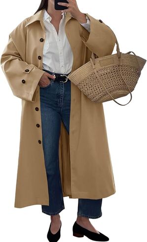 Tankaneo Womens Long Trench Coat Single Breasted Oversized Windproof Classic Lapel Fall Overcoat in Saudi Arabia