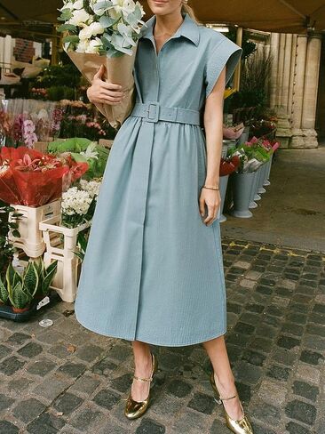 Jenkoon Women's Turn Down Collar Shirt Dress with Belt Short Sleeve Shell Trench Coat Formal Dresses in Kuwait