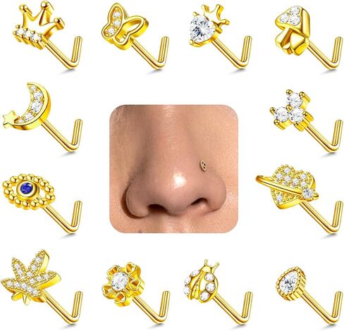 20G 12Pcs Nose Rings Stud Stainless Steel L Shaped Studs Nose Ring Flower CZ Evil Eye Butterfly Screw Nose Studs Jewelry for Women Men Silver 14K Gold Nose Stud Black Piercings Jewelry in Saudi Arabia