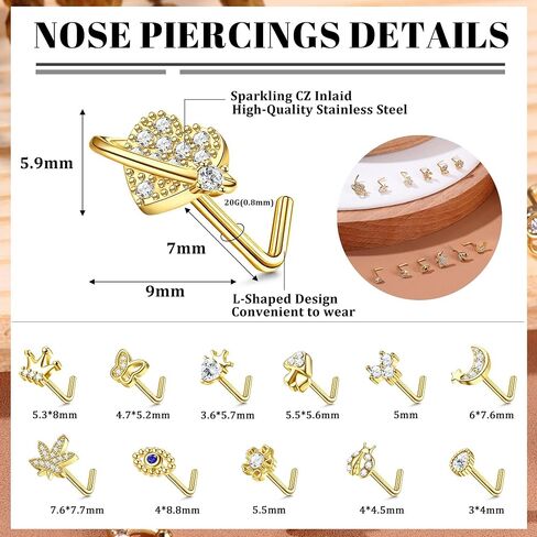20G 12Pcs Nose Rings Stud Stainless Steel L Shaped Studs Nose Ring Flower CZ Evil Eye Butterfly Screw Nose Studs Jewelry for Women Men Silver 14K Gold Nose Stud Black Piercings Jewelry in Saudi Arabia