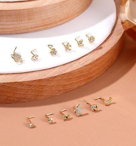 20G 12Pcs Nose Rings Stud Stainless Steel L Shaped Studs Nose Ring Flower CZ Evil Eye Butterfly Screw Nose Studs Jewelry for Women Men Silver 14K Gold Nose Stud Black Piercings Jewelry in Saudi Arabia