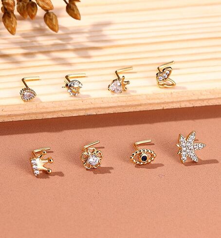 20G 12Pcs Nose Rings Stud Stainless Steel L Shaped Studs Nose Ring Flower CZ Evil Eye Butterfly Screw Nose Studs Jewelry for Women Men Silver 14K Gold Nose Stud Black Piercings Jewelry in Saudi Arabia
