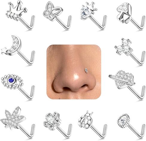 20G 12Pcs Nose Rings Stud Stainless Steel L Shaped Studs Nose Ring Flower CZ Evil Eye Butterfly Screw Nose Studs Jewelry for Women Men Silver 14K Gold Nose Stud Black Piercings Jewelry in Saudi Arabia
