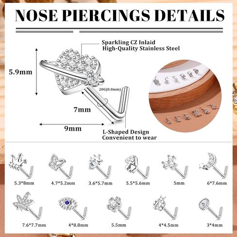 20G 12Pcs Nose Rings Stud Stainless Steel L Shaped Studs Nose Ring Flower CZ Evil Eye Butterfly Screw Nose Studs Jewelry for Women Men Silver 14K Gold Nose Stud Black Piercings Jewelry in Saudi Arabia