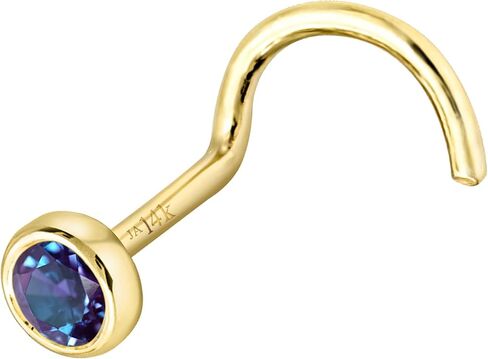 Solid 14K Gold Nose Screw Stud Bezel Set Alexandrite 22G Cork-screw Nose Stud - 14K White Gold / 14K Yellow Gold June Birthstone Nose Ring Stud in Kuwait