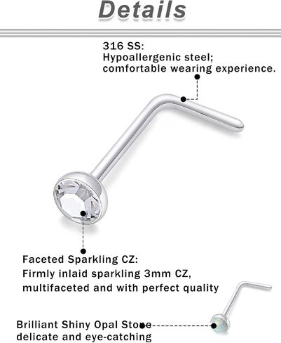 20/18g Straight/L Shaped Diamond Nose Ring Studs Earrings Piercings Jewelry Surgical Steel for Women Men in Saudi Arabia
