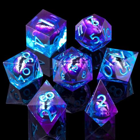 YEMEKO Beholder's Eye DND Dice - مجموعة نرد مصنوعة يدويًا بحافة حادة من عين التنين السائلة الأساسية للأبراج المحصنة والتنينات Ttrpg، لعب الأدوار من الراتنج متعدد السطوح RPG (أزرق أرجواني in Saudi Arabia