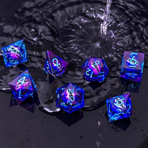 YEMEKO Beholder's Eye DND Dice - مجموعة نرد مصنوعة يدويًا بحافة حادة من عين التنين السائلة الأساسية للأبراج المحصنة والتنينات Ttrpg، لعب الأدوار من الراتنج متعدد السطوح RPG (أزرق أرجواني in Saudi Arabia