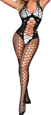 Bodystocking Lingerie For Women Sheer, Hollow Out Rhinestone Fishnet Bodysuit, Halter Backless Sexy Club Rave Outfits in Saudi Arabia