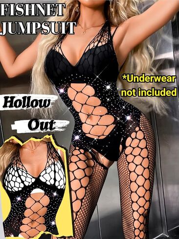 Bodystocking Lingerie For Women Sheer, Hollow Out Rhinestone Fishnet Bodysuit, Halter Backless Sexy Club Rave Outfits in Saudi Arabia