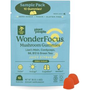 Plant People WonderFocus Mushroom Gummies with Lion’s Mane & Cordyceps - Nootropic Brain Supplement Boosts Memory, Focus, Energy & Mood in Adults | No Sugar, 100% Vegan, Citrus Flavor, 60 Count