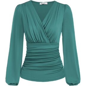 GRACE KARIN 2024 Womens Tops Elegant Wrap Blouse V Neck Work Shirts Fall Fashion Long Sleeve Dressy Casual Ruched Top