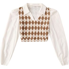 Floerns Women's Argyle Plaid Collar V Neck Blouse Top Puff Long Sleeve Crop Shirt