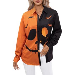 Halloween Shirts for Women Halloween Skeleton Shirt Funny Pumpkin Face Graphic Blouse Button Up Long Sleeve Tops