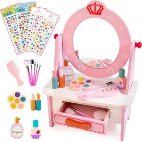Wooden Vanity Set for Kids, Pretend Play Toddler Makeup Vanity with Acrylic Mirror, Beauty Salon Play Set for Little Girls Age 3+, Toys Gifts Includes Makeup Accessories and Bonus Stickers