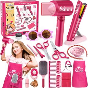 G.C Girls Hair Salon Toys Kids Pretend Play Hair Styling Kit with Realistic Blow Dryer Straightener Stylist Apron Scissors Accessories Beauty Makeup Set Birthday Gifts for Toddler Girls 3 4 5 6+