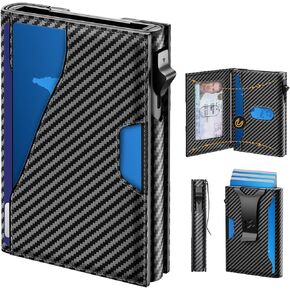 Minimalist Wallet for Men: Slim Wallet Credit Card Holder with Money Clip ID window Cards Slot Smart Aluminum Pop Up Case RFID Blocking Leather Flip Pocket Carbon Fiber