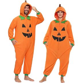 Spooktacular Creations Adults Unisex Pajama, Pumpkin Hooded Jumpsuit Costume Zip-Up Sleepwear for Halloween Cosplay Costume